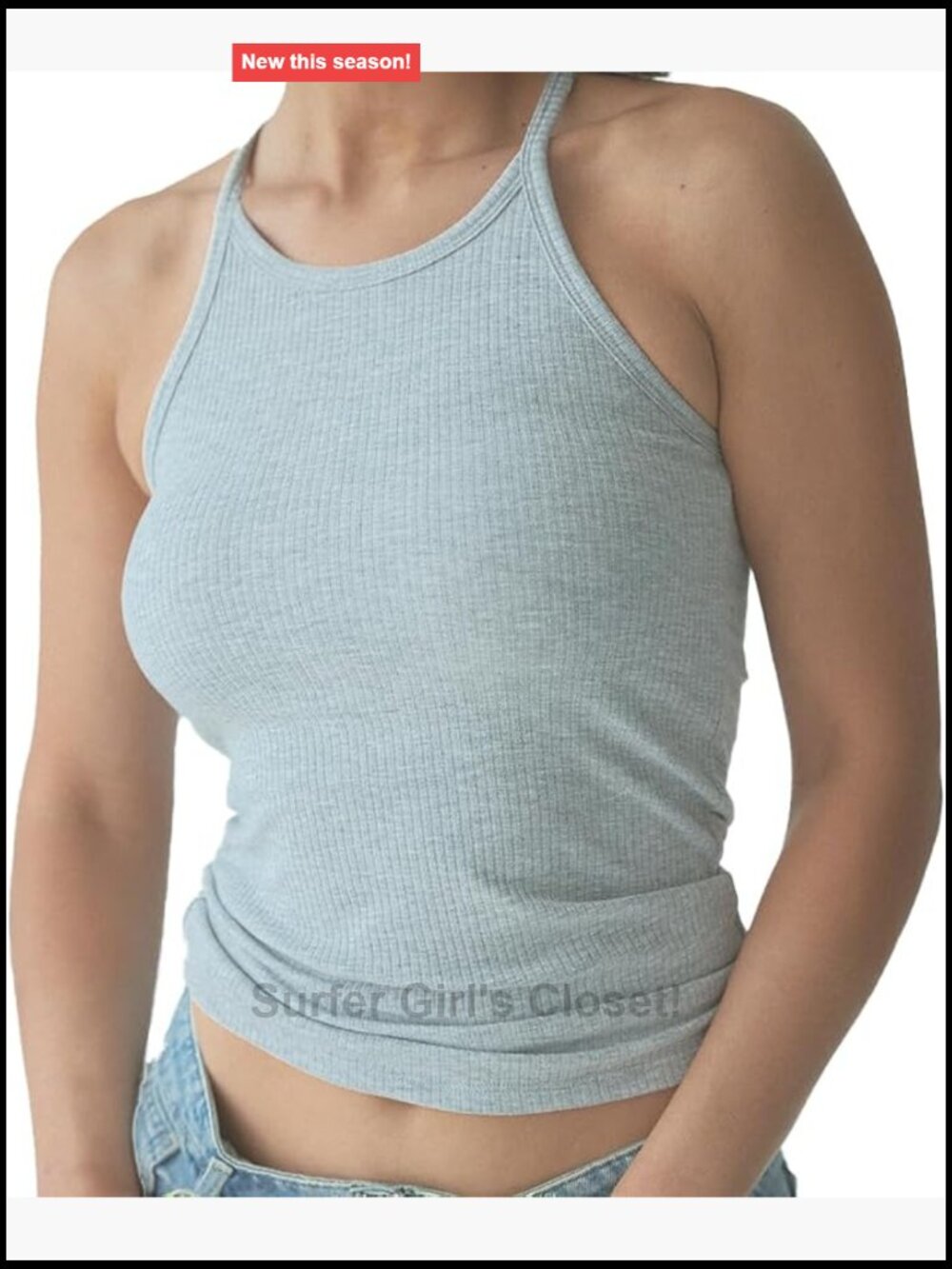 Ribbed High Neck Tank Top with Built-In Bra, Removable Padding, Stretchy Cotton